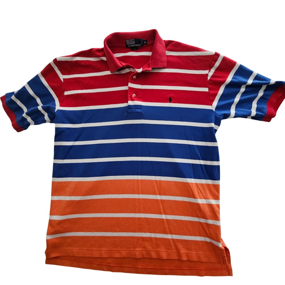 Polo Ralph Lauren Mens Striped Polo Shirt Red Blue Orange Colorblock Medium‎